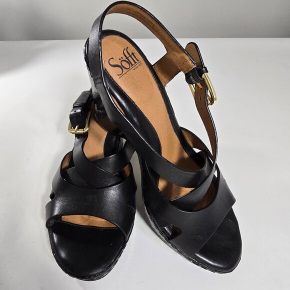 Sofft Womens 7 M Leather Wedge Sandal Strappy Reptile Black Embellished Heel - Picture 1 of 16